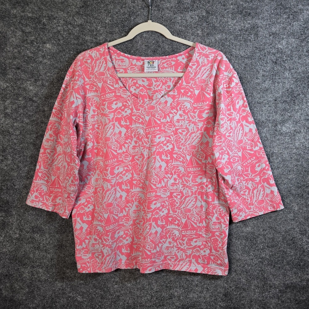 Rum Reggae T Shirt Womens XL Coral Pink Artsy Cotton 3/4 Sleeve Relaxed Tropical